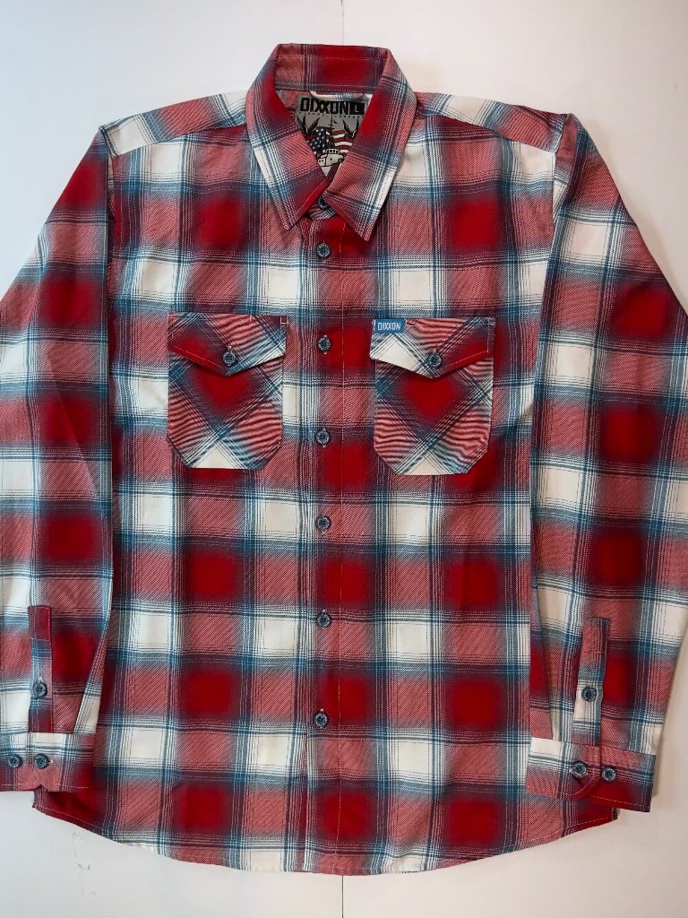 DIXXON Flannel "Storm Ready" Men's LARGE Plaid Red White Blue Button Shirt